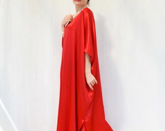 Red Natural Silk Cover Up for Pool, Cruise Resort Wear, Long Kimono Kaftan, Luxury Silk Maxi Dress, Plus Size Cover Up