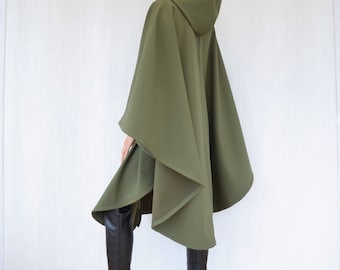 Waterproof and Windproof Cape Coat, Green or Black Hooded Cloak, Women's Outdoor Raincoat, Handmade Rain Poncho