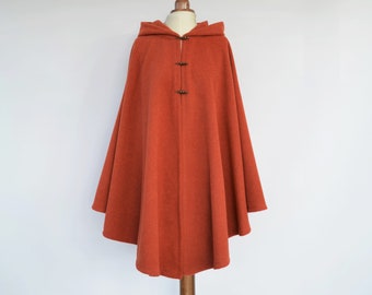 Wool Hooded Cape Coat for Autumn, Burnt Orange Plus Size Cape Jacket, Womens Poncho, Hooded Cloak