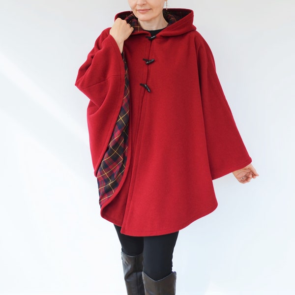 Red Tartan Lined Cape Coat, Wool Hooded Cloak, Red Wool Poncho Jacket