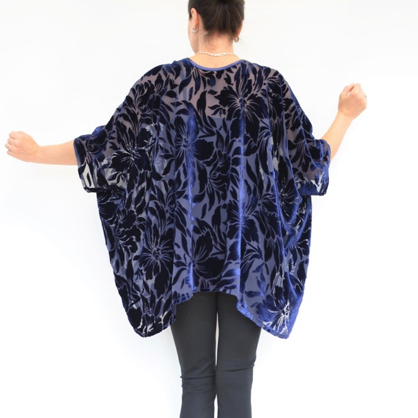 Women's Kimono Jacket in Navy Blue Velvet , Evening Cover Up Silk Velvet, Floral Blazer Jacket