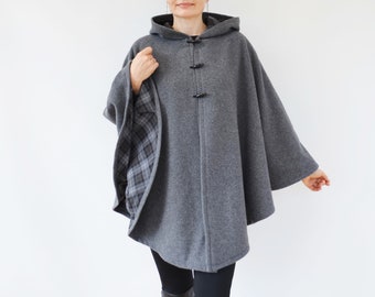 Gray or Black Wool Tartan Lined Cape, Outlander Inspired Cloak, Hooded Winter Cape Coat, Plus Size Poncho Jacket