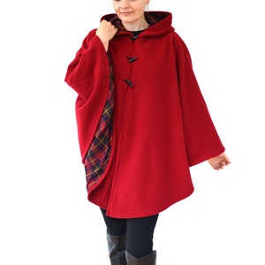 Red Wool Hooded Cape Coat with Tartan Lining - Handmade Winter Cloak, Medieval Fantasy Outerwear