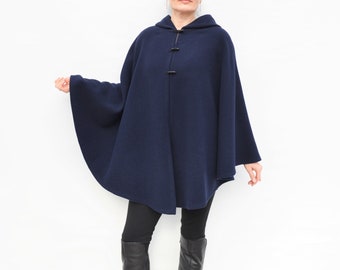 Women's Wool Hooded Cape Coat, Navy Blue Cashmere Cloak in Standard Size or Plus Size, Wool Poncho