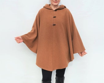 Women's Tan Cape Coat in Wool and Cashmere Blend, Hooded Cloak Regular or Plus Size, Camel Wool Poncho