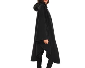 Long Black Hooded Cape, Polar Fleece Poncho, Medieval Style Hooded Cloak, Women's Cape Coat