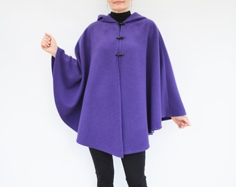 Women's Hooded Cloak in Purple Wool/Cashmere Blend, Cape Coat in Standard Size or Plus Size, Wool Poncho with Hood