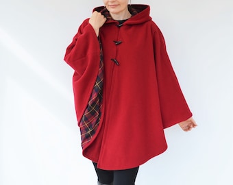 Red Tartan Lined Cape Coat, Wool Hooded Cloak, Red Wool Poncho Jacket