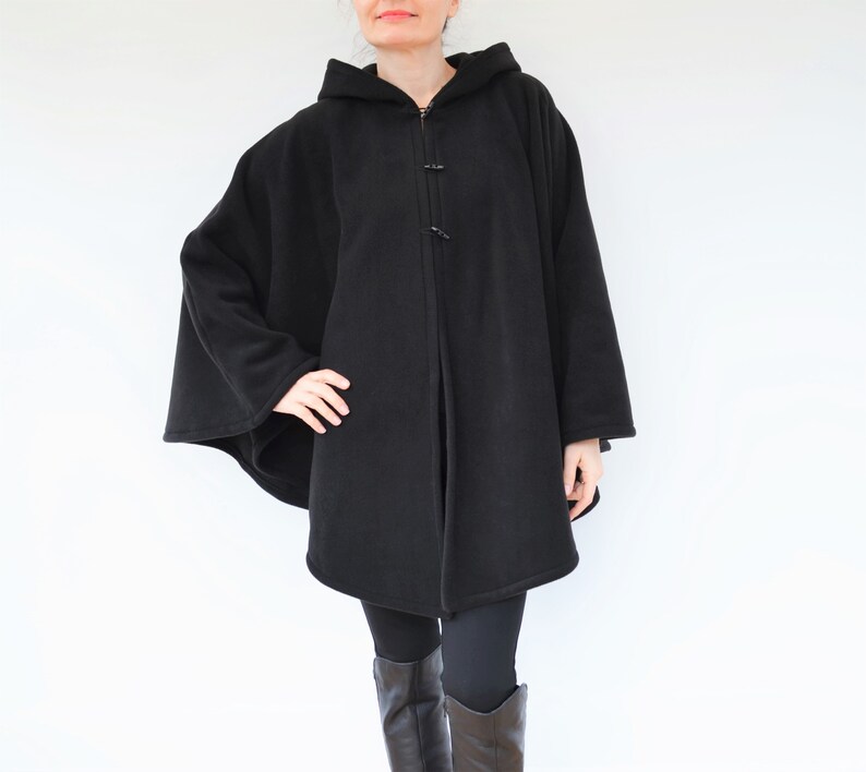 Womens' Black Handmade Cape, Black Hooded Cloak, Plus Size or Standard Size Cape Coat, Hooded Poncho image 6