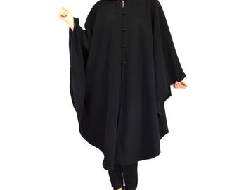 Women's Long Winter Cloak, Black Wool Cape Coat with Hood, Elegant Classic Outerwear