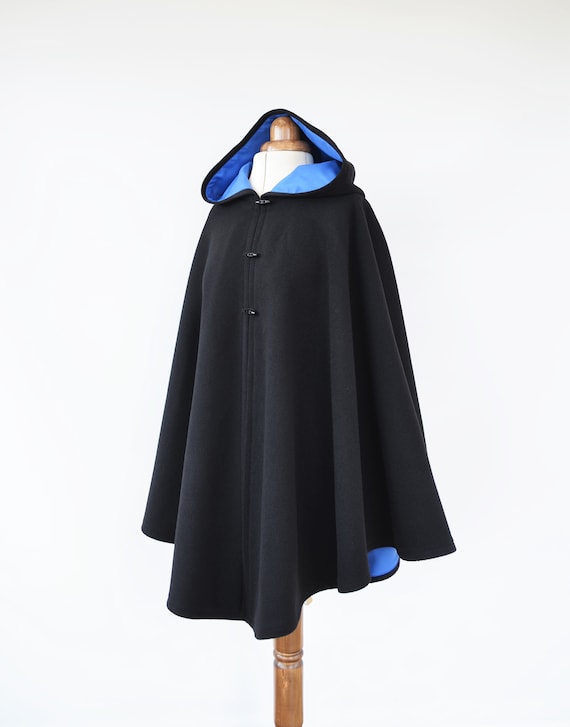 Black Wool Hooded Cloak, Lined Hooded Cape Coat, Medieval Cloak, Black Hooded Poncho