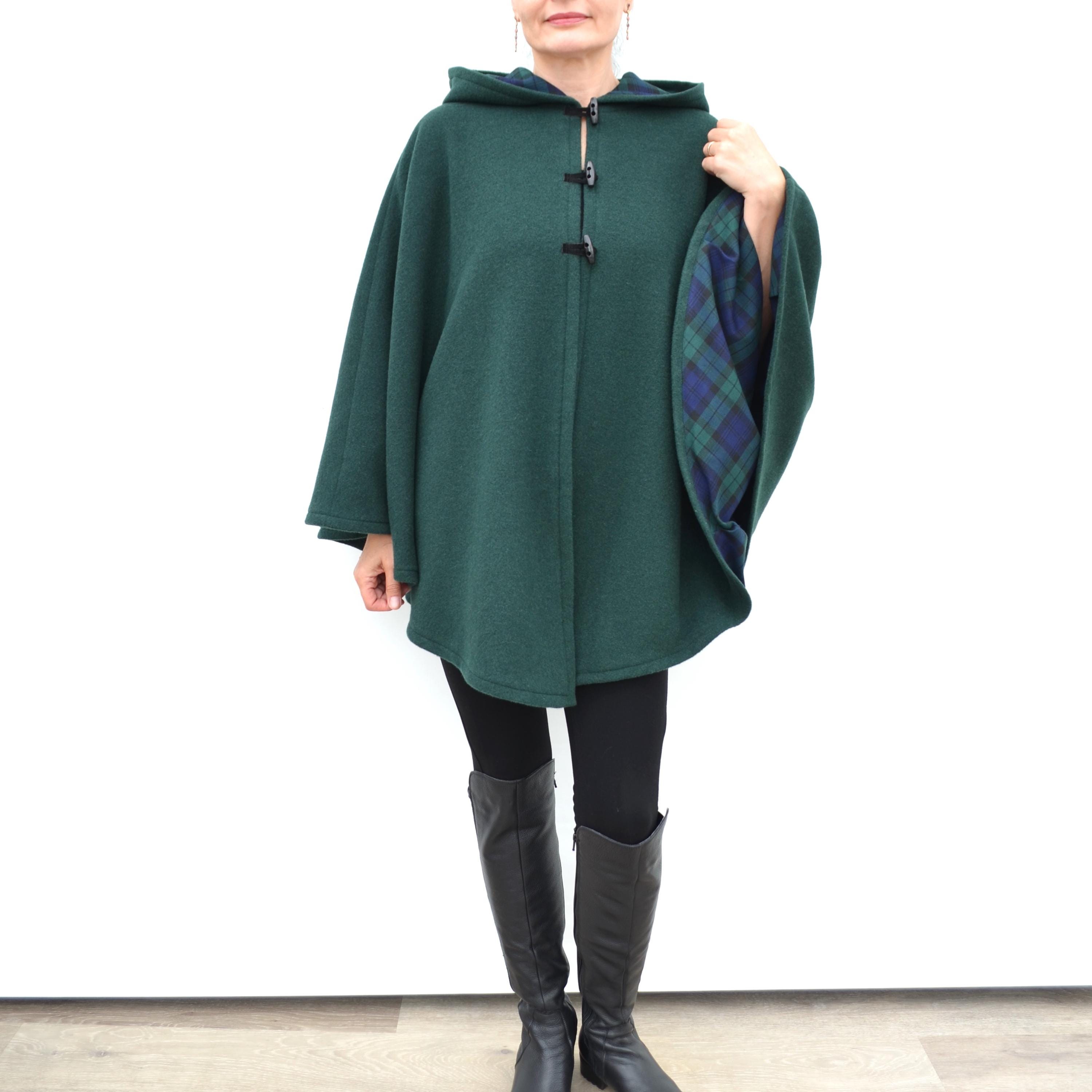 Dark Green Wool Hooded Cape With Tartan  Lining - Warm Winter Cloak, Plaid Lined Cape Coat, Cozy Medieval Style Outerwear