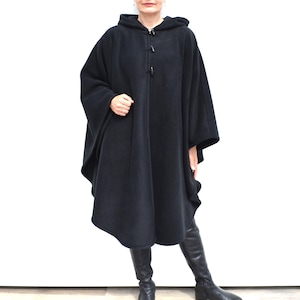 Long Black Cape Coat, Soft Cosy Hooded Cloak, Handmade in Scotland