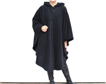 Long Black Polar Fleece Hooded Cape: Handmade Women&#39;s Poncho