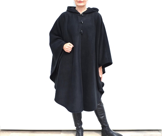 Long Black Hooded Cape, Polar Fleece Poncho, Medieval Style Hooded