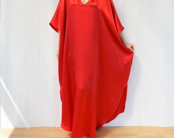 Luxury Pure Silk Kaftan, Red Maxi Beach Dress, Poolside Cover Up, Plus Size Resort Wear