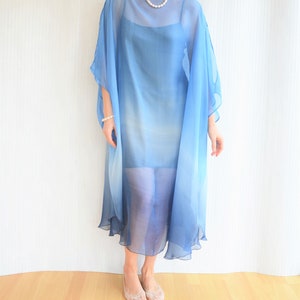 Blue Silk Kaftan, Silk Chiffon Kaftan, Blue Ombre Dress, Sheer Beach Cover up, Silk Caftan, Plus Size Cover Up image 2