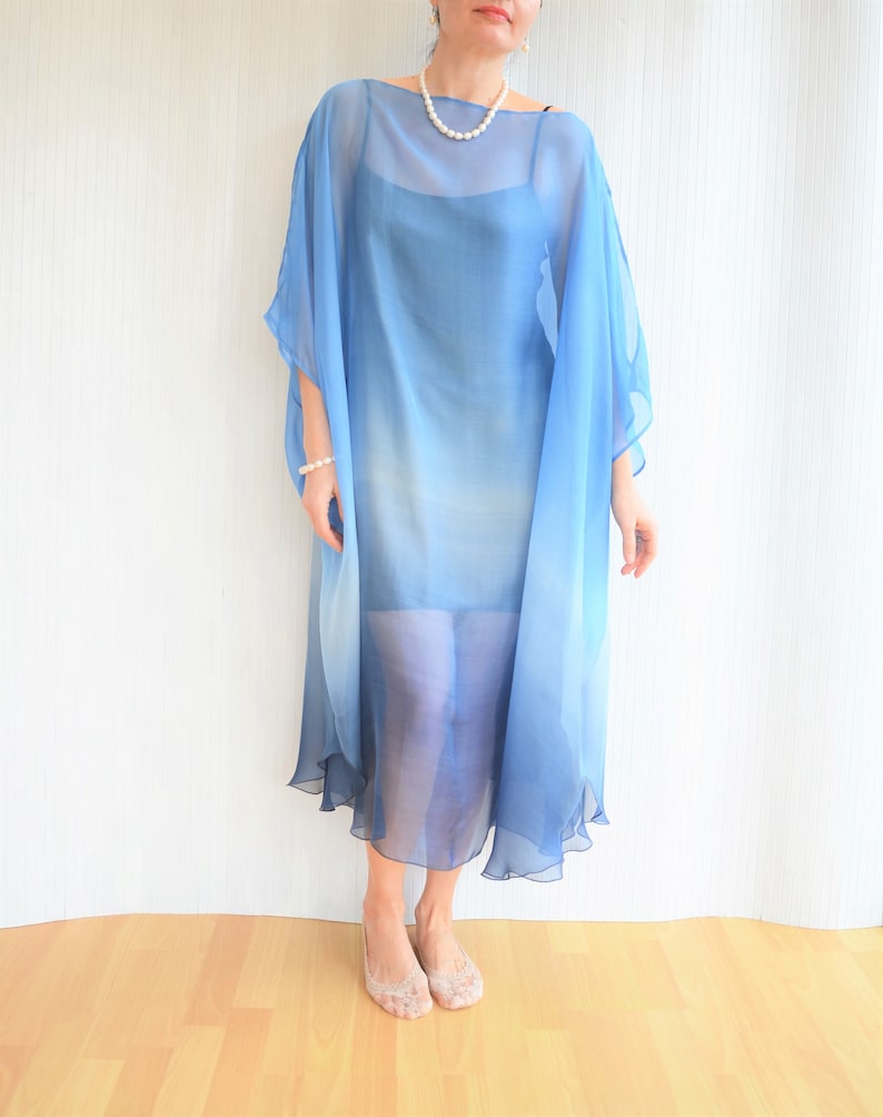 Blue Silk Kaftan, Silk Chiffon Kaftan, Blue Ombre Dress, Sheer Beach Cover up, Silk Caftan, Plus Size Cover Up image 2