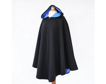 Black Wool Hooded Cape Coat: Handmade Lined Medieval Cloak
