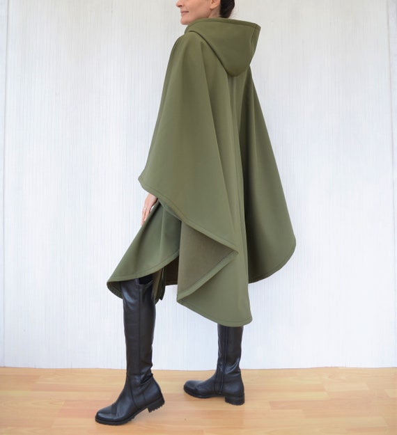 Green Hooded Wool Cape Coat Women 3141