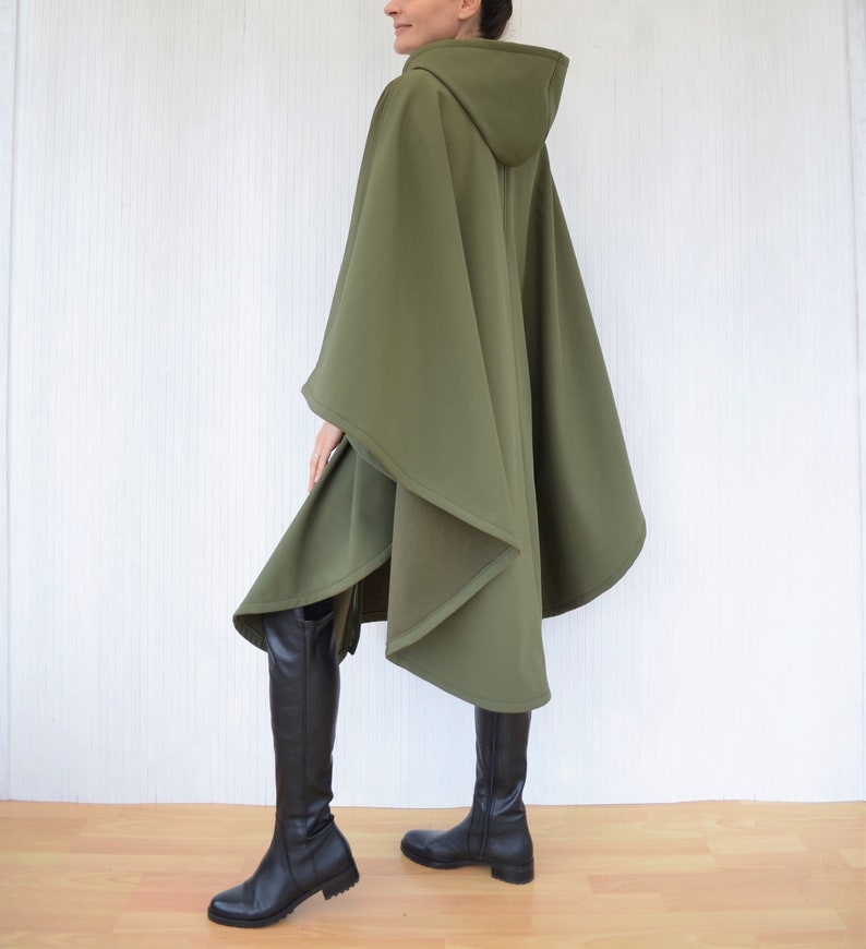 Waterproof and Windproof Cape Coat, Green or Black Hooded Cloak, Women's Outdoor Raincoat, Handmade Rain Poncho Green