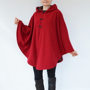 Red Tartan Lined Cape Coat, Wool Hooded Cloak, Red Wool Poncho Jacket image 10