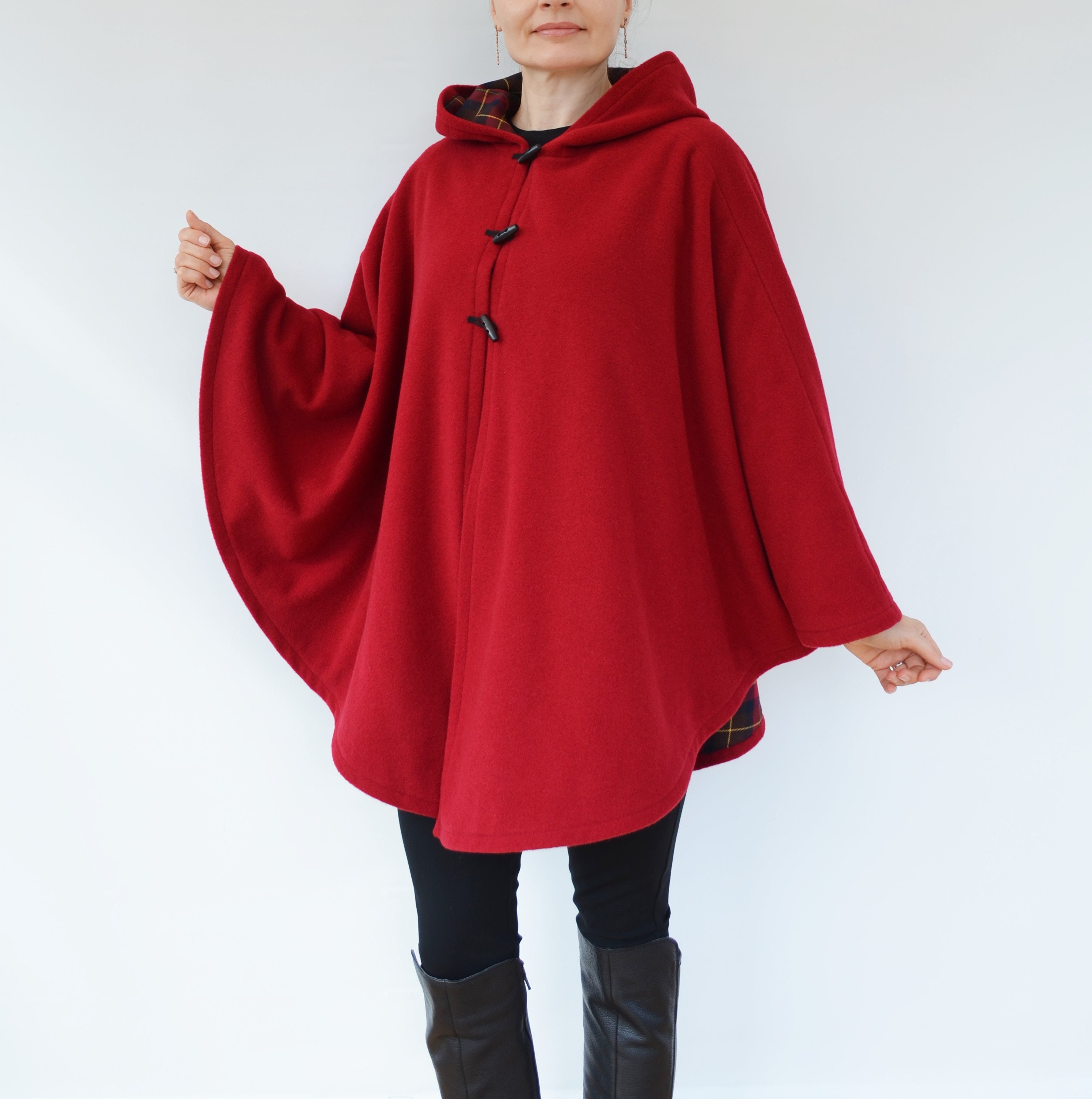 Red Wool Cape Coat With Tartan Checked Lining, Wool Hooded Red Wool Cape Coat With Tartan Checked Lining, Wool Hooded