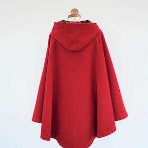 Red Tartan Lined Cape Coat, Wool Hooded Cloak, Red Wool Poncho Jacket image 6