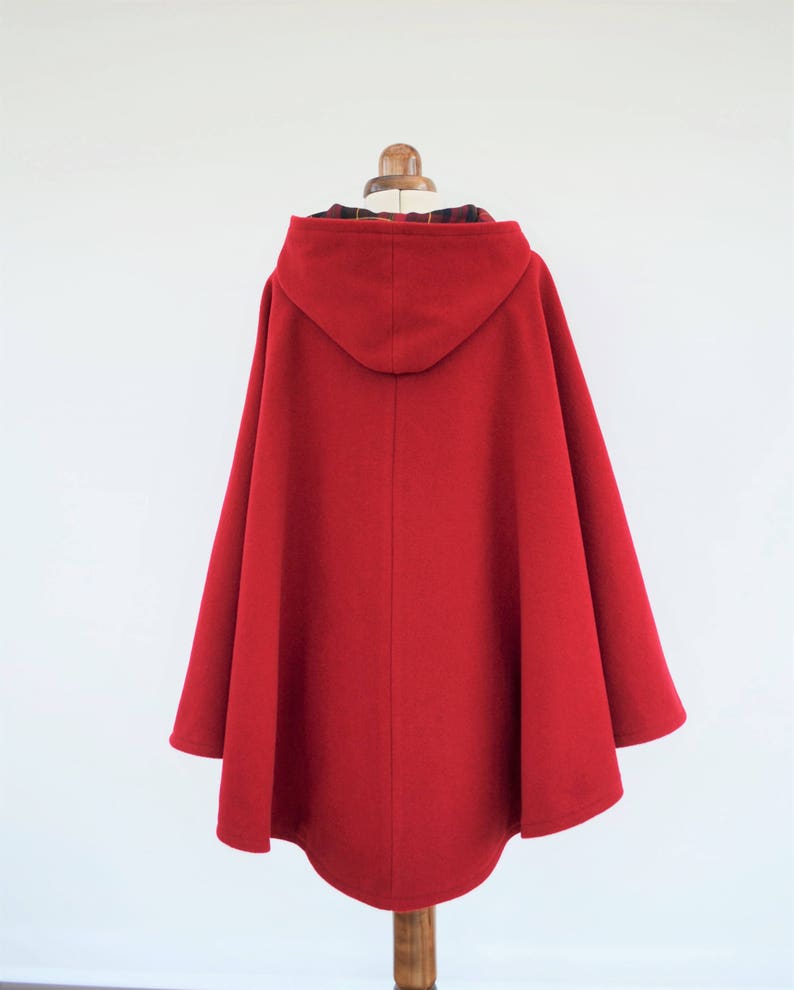 Red Tartan Lined Cape Coat, Wool Hooded Cloak, Red Wool Poncho Jacket image 6