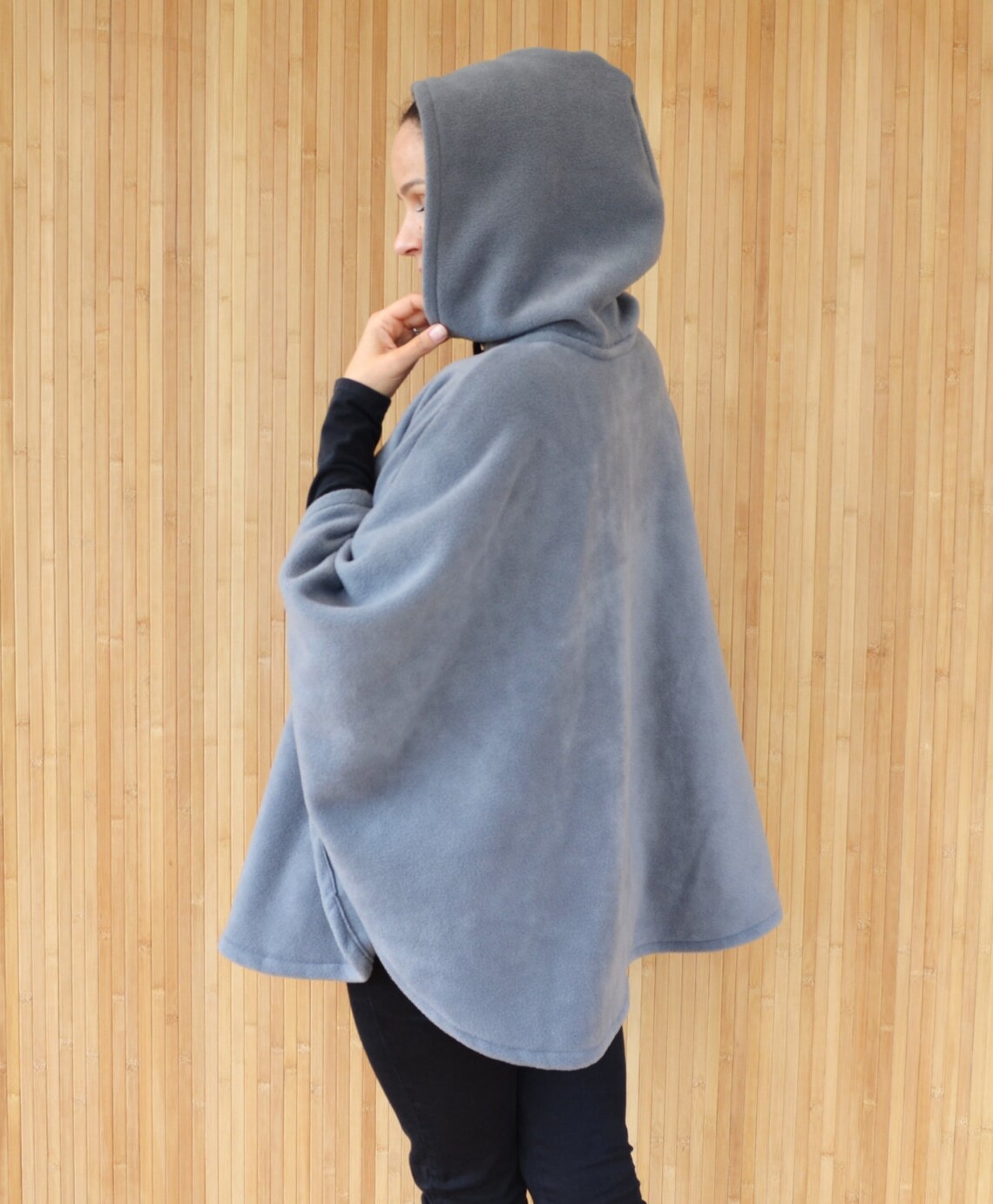 Grey Hooded Cape Coat Polar Fleece Poncho Jacket Short Etsy