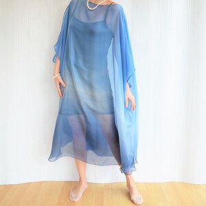 Blue Silk Kaftan, Silk Chiffon Kaftan, Blue Ombre Dress, Sheer Beach Cover up, Silk Caftan, Plus Size Cover Up image 5