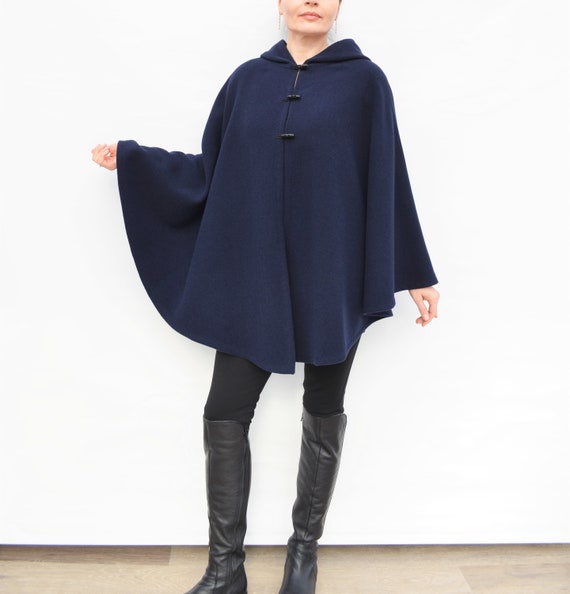 Navy Blue Cape Coat Women's Hooded Cloak Blue Hooded 