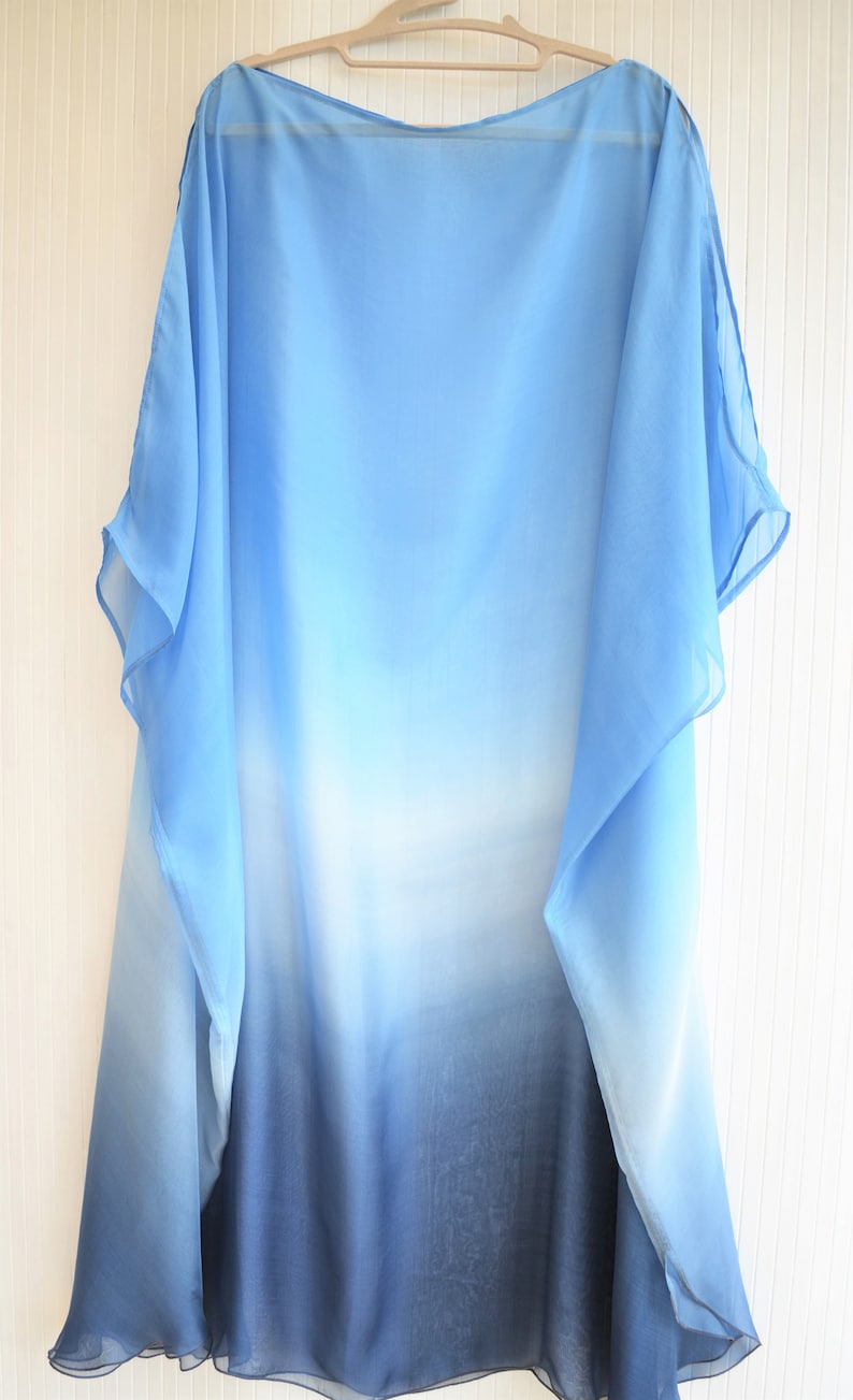 Blue Silk Kaftan, Silk Chiffon Kaftan, Blue Ombre Dress, Sheer Beach Cover up, Silk Caftan, Plus Size Cover Up image 6