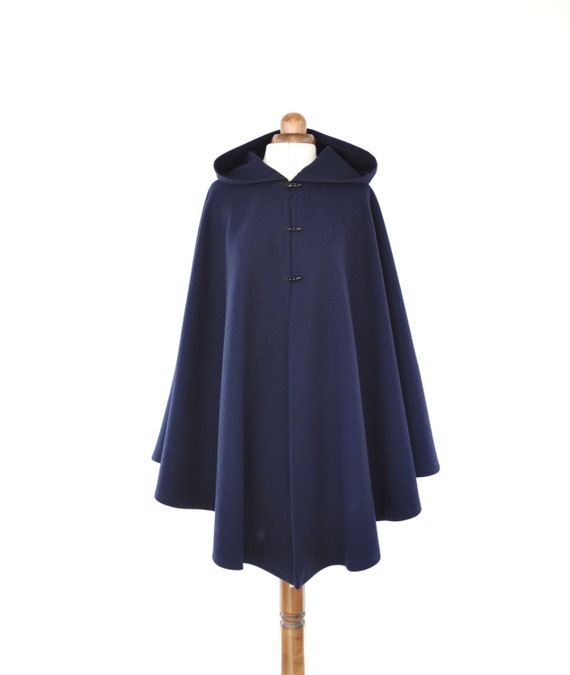 Women's Wool Hooded Cape Coat Navy Blue 