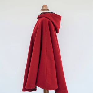 Red Tartan Lined Cape Coat, Wool Hooded Cloak, Red Wool Poncho Jacket image 7