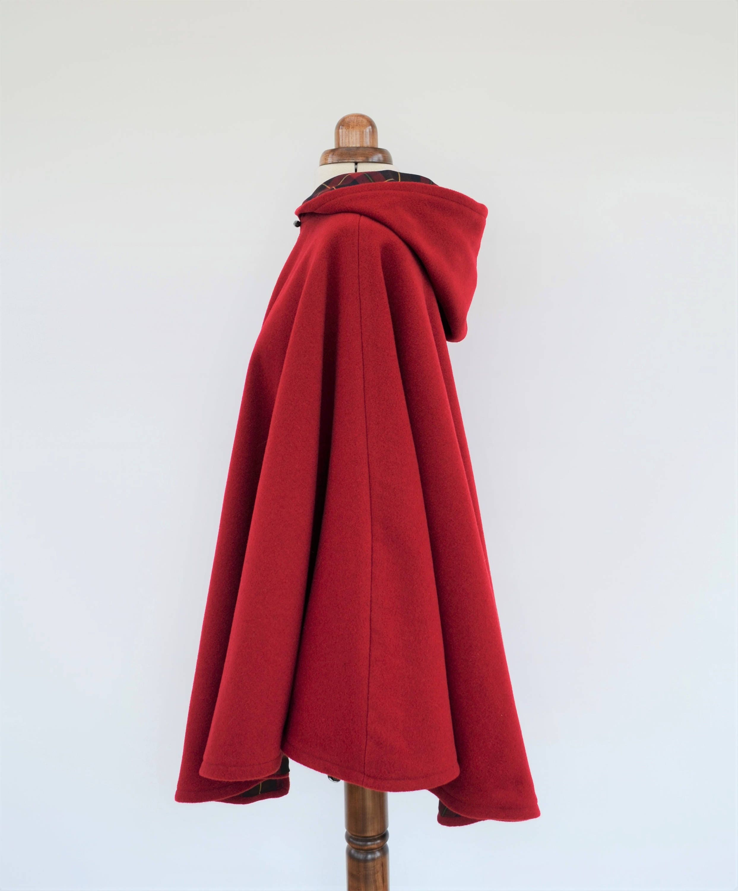 Red Wool Cape Coat With Tartan Checked Lining, Wool Hooded Red Wool Cape Coat With Tartan Checked Lining, Wool Hooded