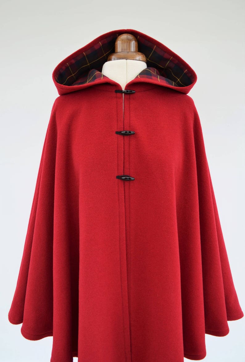 Red Tartan Lined Cape Coat, Wool Hooded Cloak, Red Wool Poncho Jacket image 2