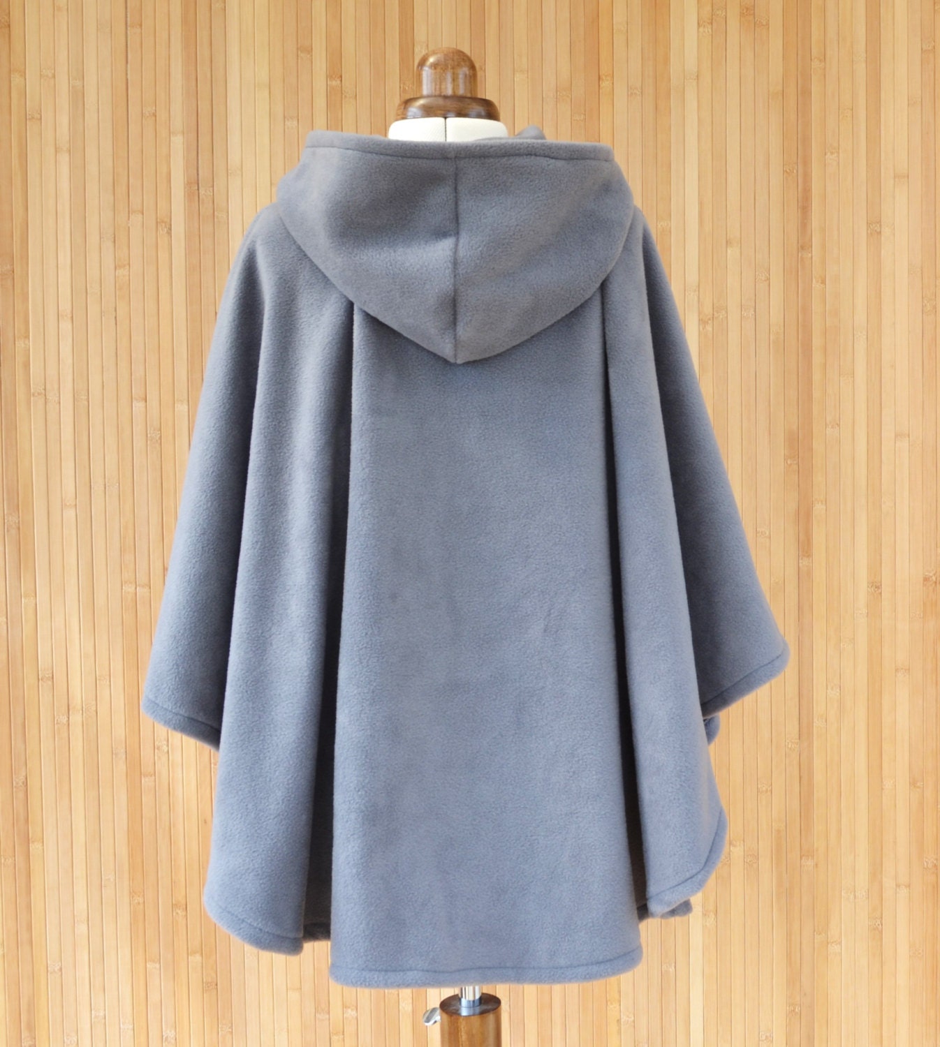 Grey Hooded Cape Coat Polar Fleece Poncho Jacket Short 