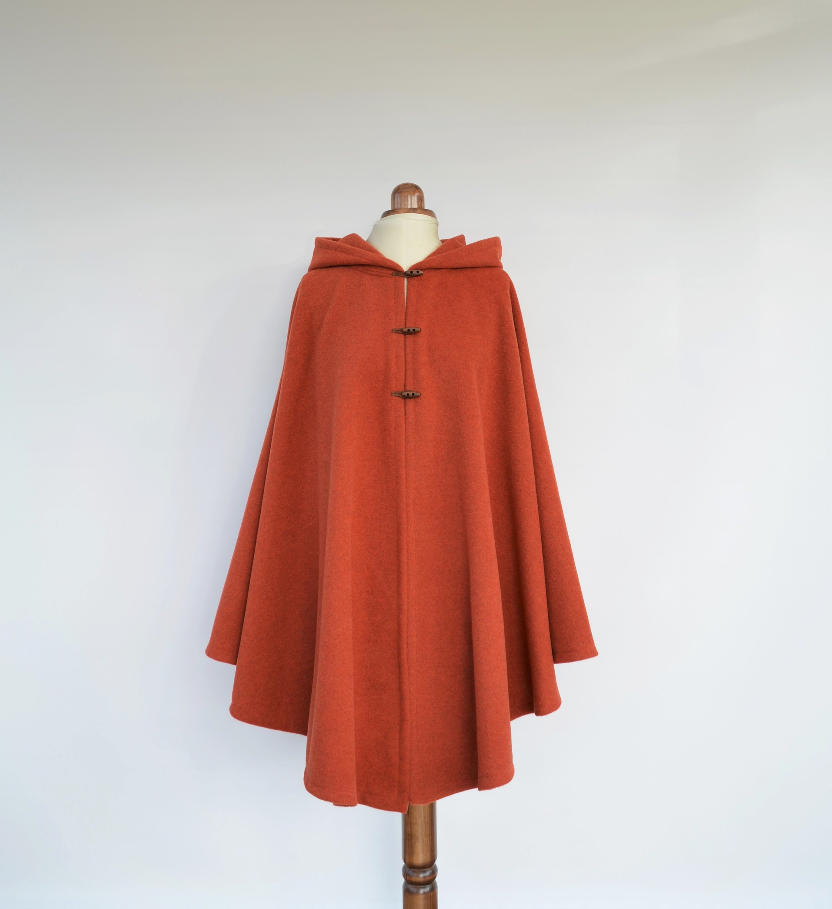 Wool Hooded Cape Coat for Autumn, Burnt Orange Plus Size Wool Hooded Cape Coat for Autumn, Burnt Orange Plus Size