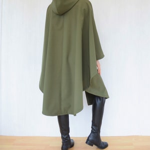Waterproof and Windproof Cape Coat, Olive Green Hooded Rain Cloak, Women's Outdoor Poncho, Handmade Rain Jacket For Hiking and Travel image 7