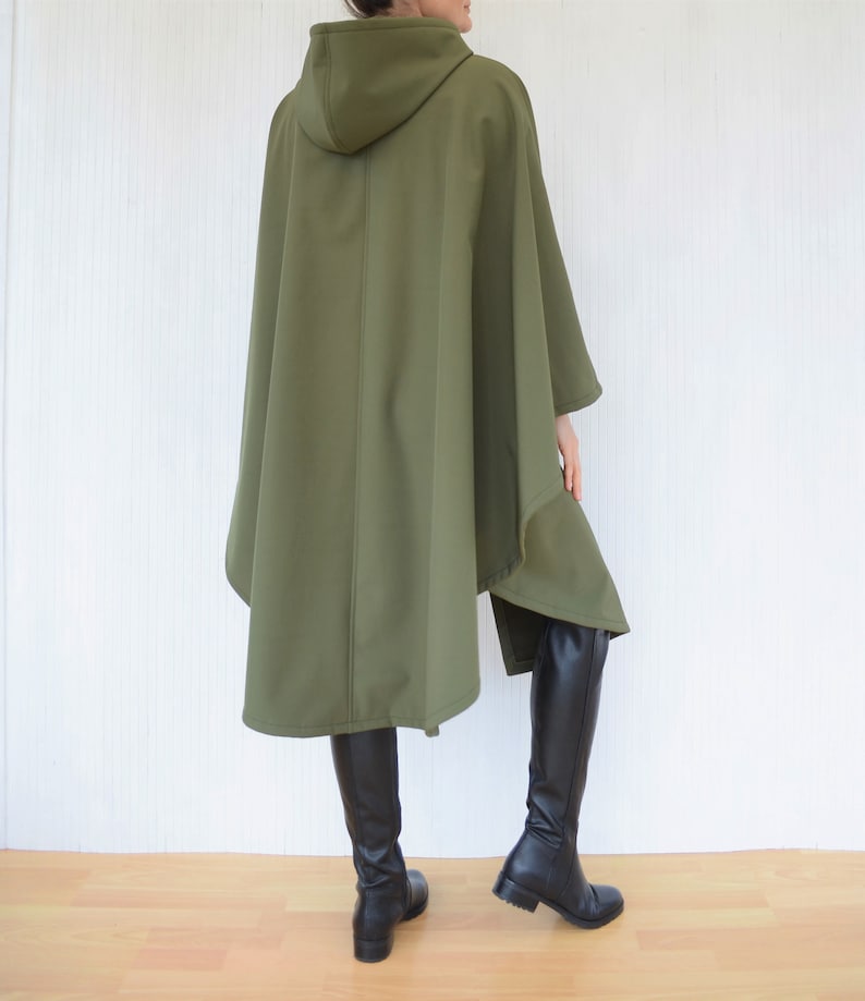 Waterproof and Windproof Cape Coat, Green or Black Hooded Cloak, Women's Outdoor Raincoat, Handmade Rain Poncho image 7