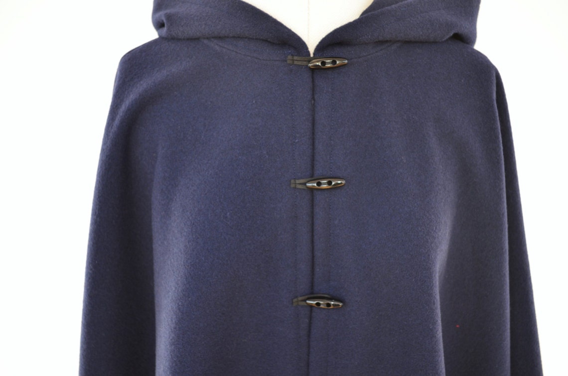 Women's Wool Hooded Cape Coat Navy Blue Cashmere Cloak Etsy