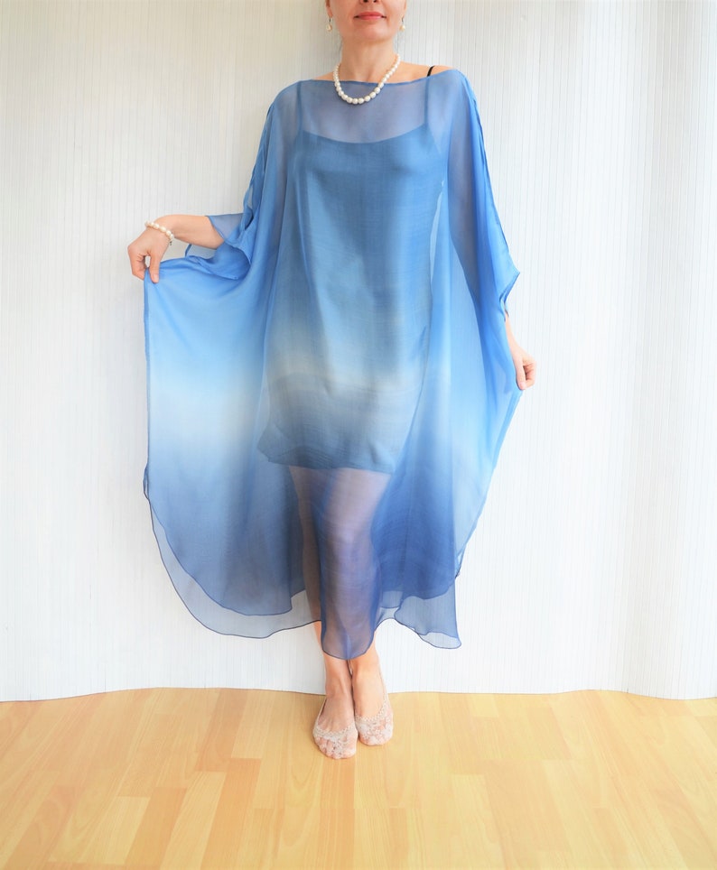 Blue Silk Kaftan, Silk Chiffon Kaftan, Blue Ombre Dress, Sheer Beach Cover up, Silk Caftan, Plus Size Cover Up image 1