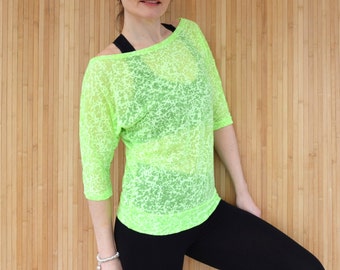 Lime Green Yoga Top, Pilates Yoga Top, Exercise T Shirt, Loose Slouchy Off Shoulder Tee