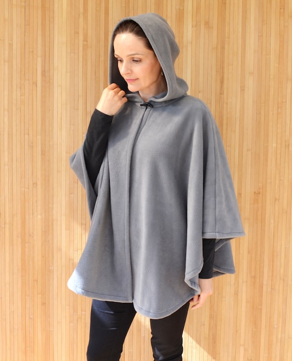 Grey Hooded Cape Coat Polar Fleece Poncho Jacket Short | Etsy