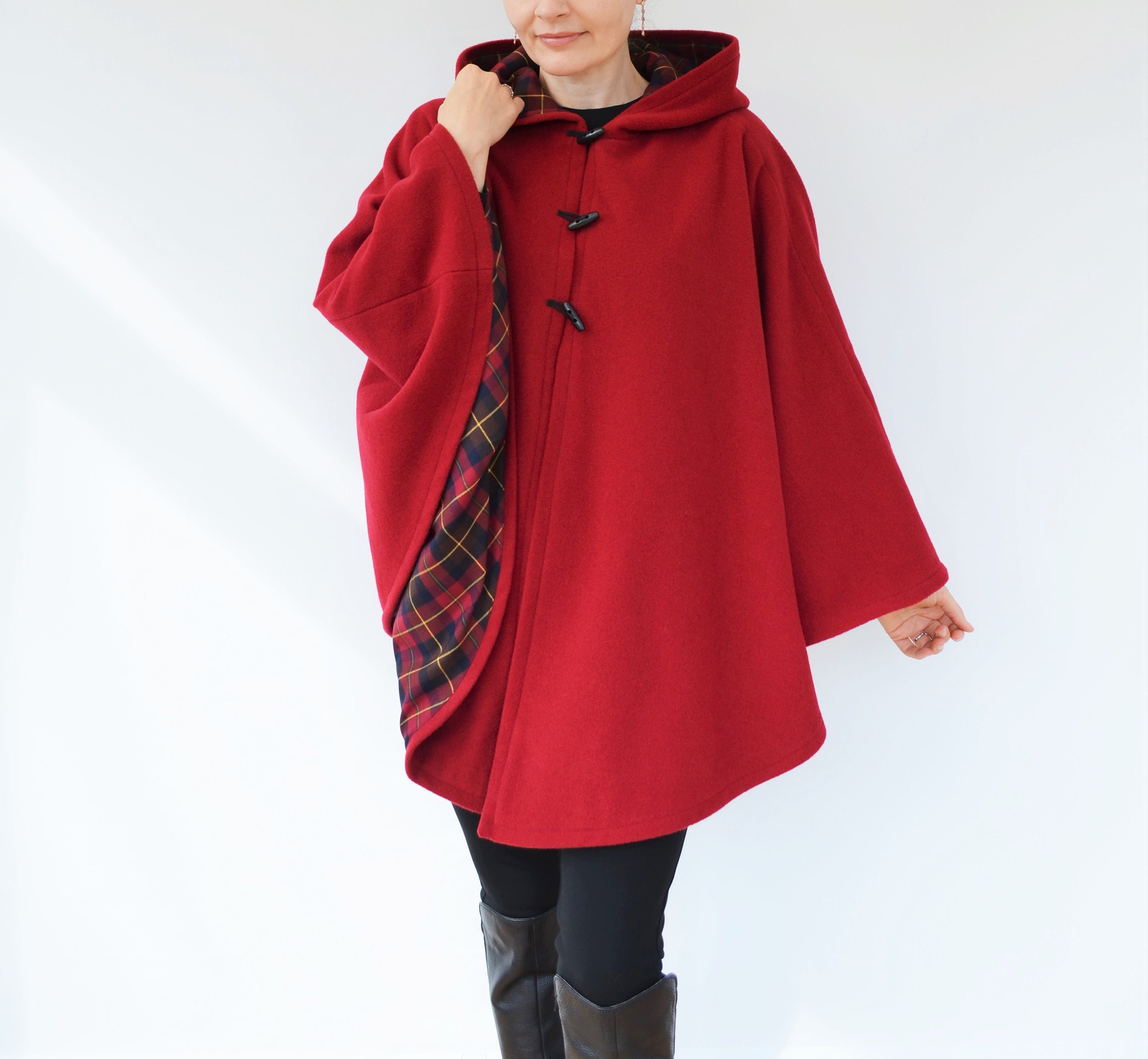 Red Tartan Cape Coat Wool Hooded Cloak Red Wool Etsy