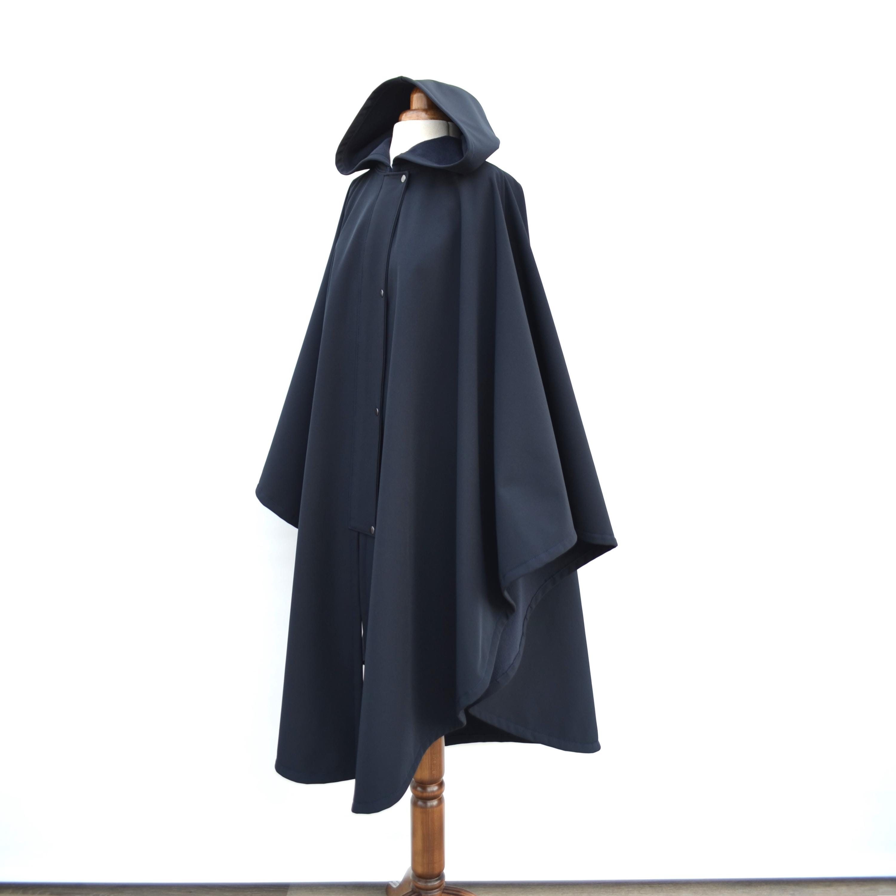 Long Waterproof and Windproof Cape Coat in Dark Navy, Hooded Outdoor Cloak, Women's Rain Poncho