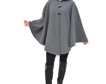 Grey Wool and Cashmere Cape Coat, Women's Hooded Cloak, Wool Grey Wool and Cashmere Cape Coat, Women's Hooded Cloak, Wool