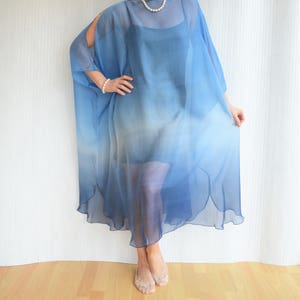 Blue Silk Kaftan, Silk Chiffon Kaftan, Blue Ombre Dress, Sheer Beach Cover up, Silk Caftan, Plus Size Cover Up image 3