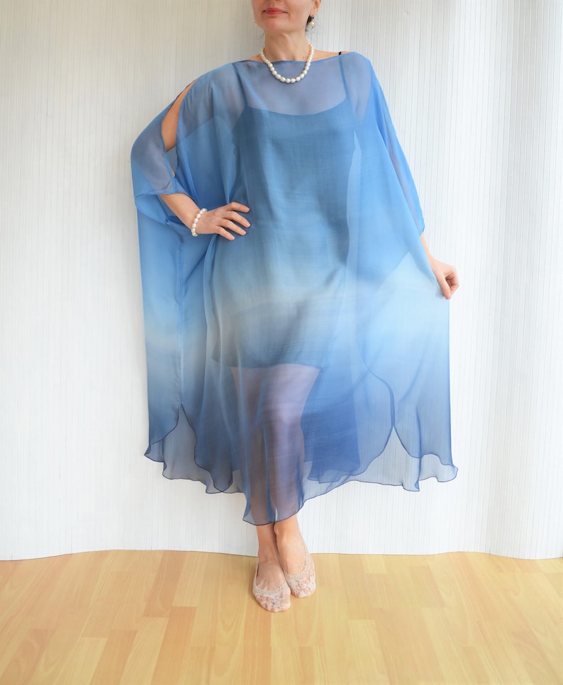 Blue Silk Kaftan, Silk Chiffon Kaftan, Blue Ombre Dress, Sheer Beach Cover up, Silk Caftan, Plus Size Cover Up image 3